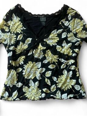 INC International Concepts Black Floral Lace-Trim V-Neck Top - Yellow